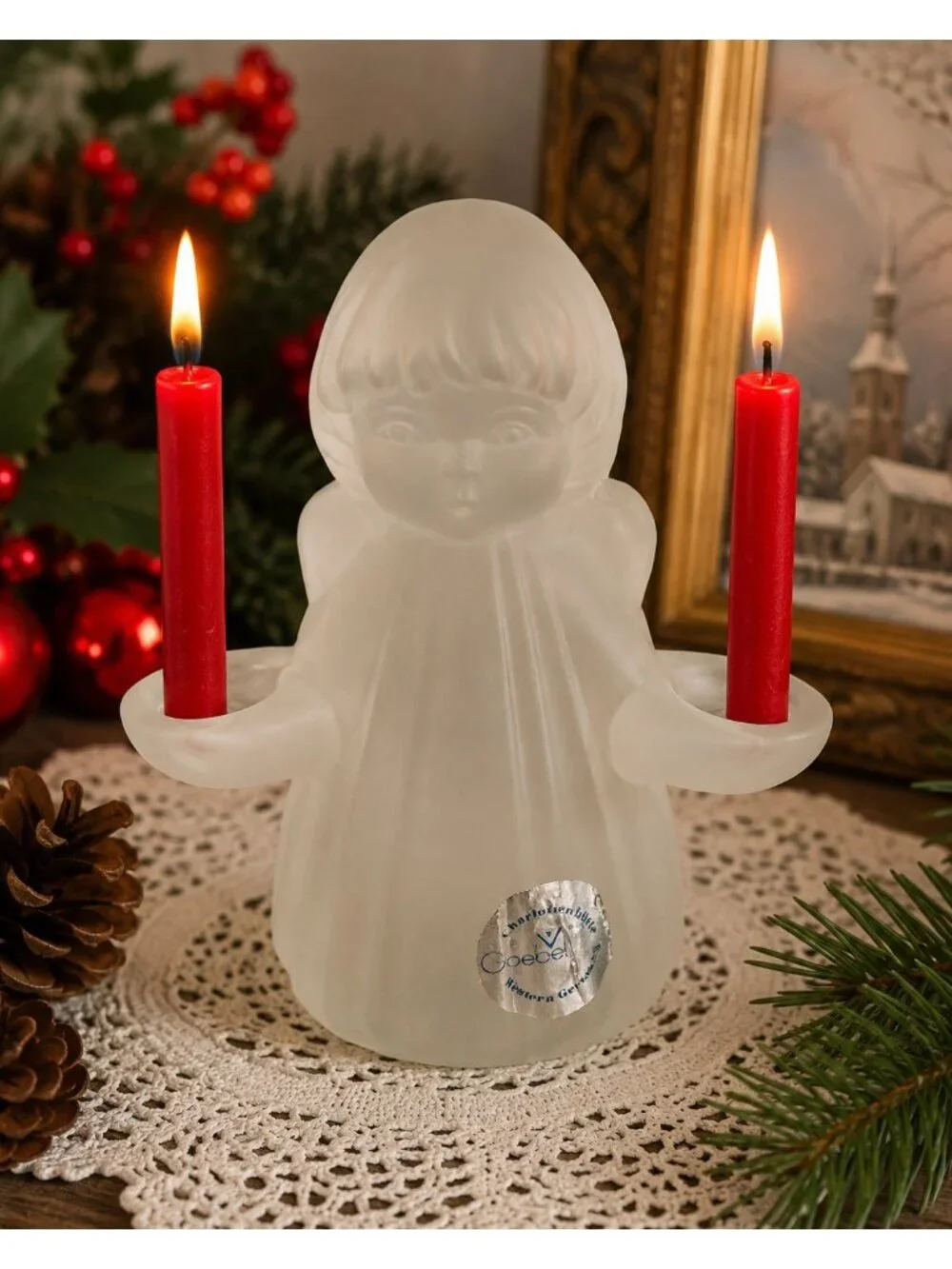 Vintage Goebel West Germany Frosted Glass Angel Double Taper Candle Holder Figur